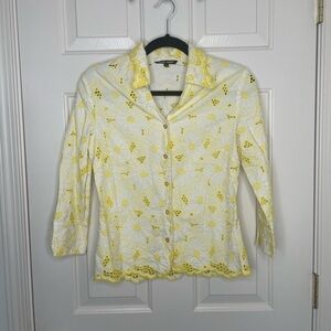 Samuel Dong Yellow Floral Embroidered Lace Button-Up Blouse XS – 100% Cotton